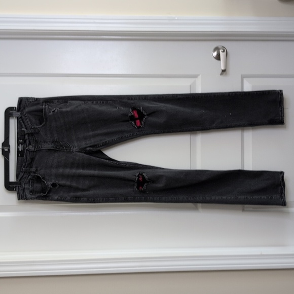 Hollister Stacked Skinny Jeans Black Distressed Red Plaid Knees   34x36 - Picture 4 of 12